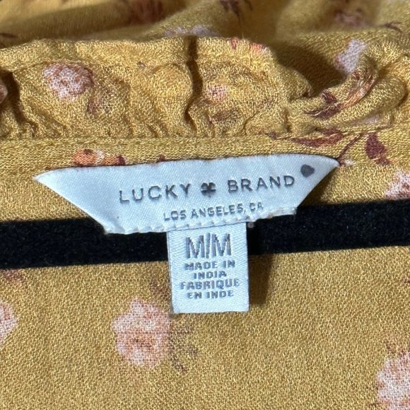 Lucky Brand size M gold ditsy floral patterned faux wrap 3/4 sleeve Boho top - Picture 4 of 9